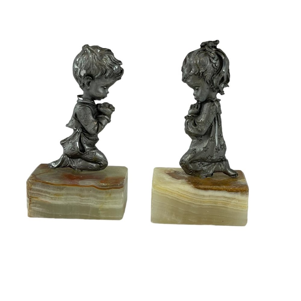 Peltro Inciso A Mano Pewter Praying Children on Marble‎ Base 3.5 Inch Boy Girl
